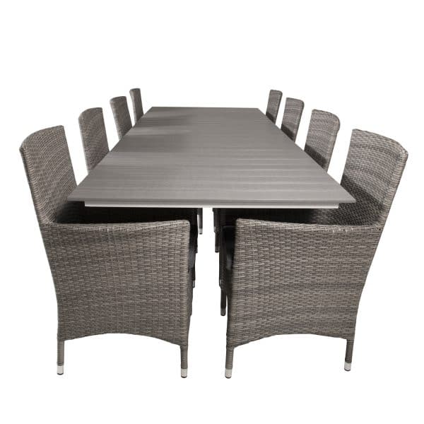 VENTURE DESIGN havesæt m. Levels bord m. udtræk og 8 Malin stole m. armlæn - grå rattan/aintwood