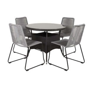 VENTURE DESIGN havesæt m. Volta bord (Ø90) og 4 Lindos stole - sort rattan/alu, gråtreb og glas