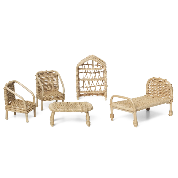Ferm Living dukkehusmøbler i rattan, 5 stk