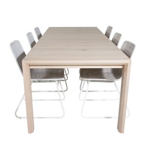 VENTURE DESIGN Slider spisebordssæt, m. 6 stole - hvidvasket egefiner/eg og hvid rattan/hvid metal