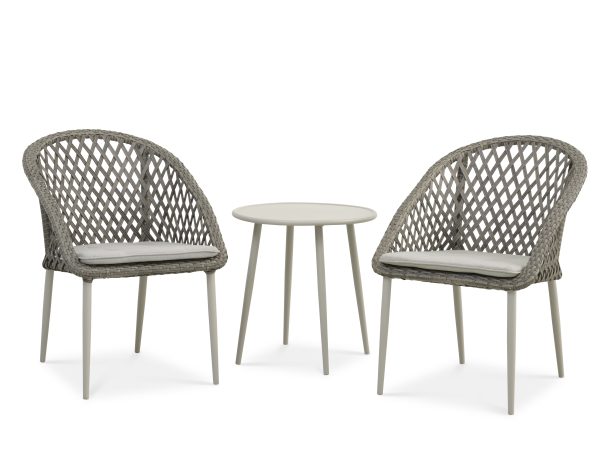 Korsika cafésæt, m. 1 bord, 2 stole, hynder - varm grå rattan og aluminium