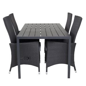 VENTURE DESIGN havesæt, m. Break bord (150x90) og 4 Padova stole, m. recliner - sort aintwood/alu