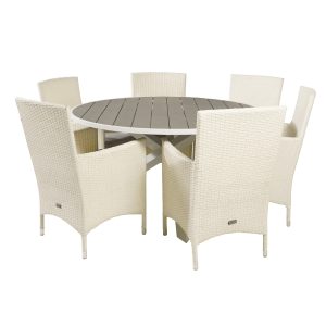 VENTURE DESIGN havesæt m. Parma bord (Ø140) og 6 Malin stole m. armlæn - grå aintwood/hvid rattan