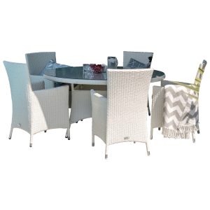 VENTURE DESIGN havesæt m. Volta bord (Ø 150) og 5 Malin stole m. armlæn og hynde - hvid rattan/glas