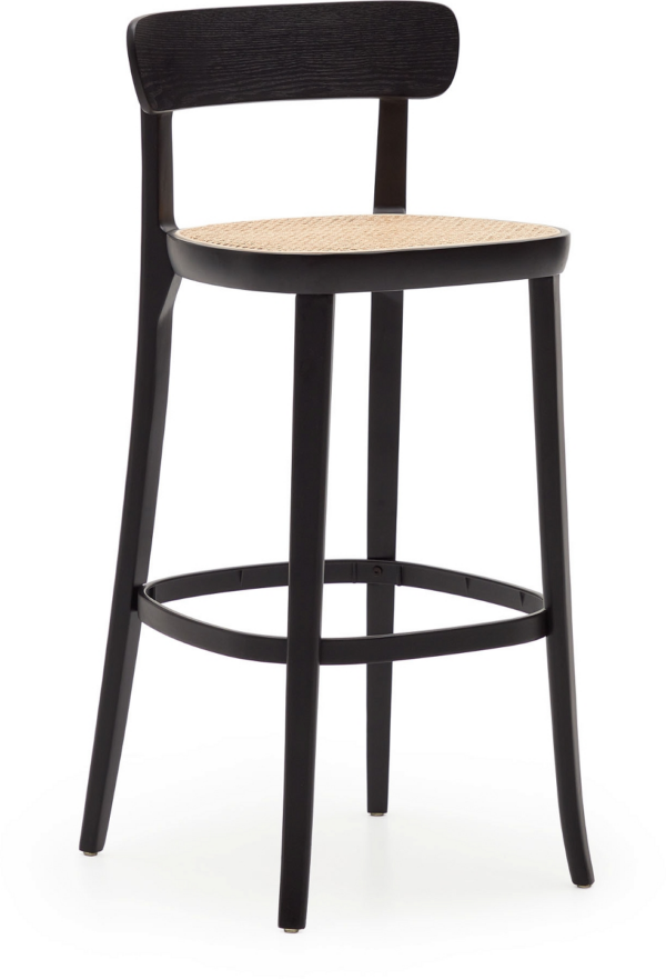 Barstol Kave Home Romane sort bøgetræ håndflettet rattan sæde metalfodstøtte H99xB42xD46