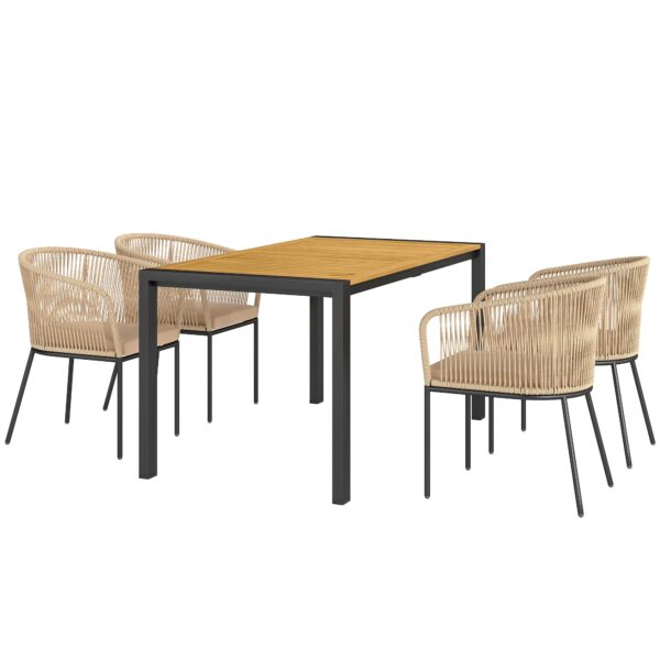 Havemøbelsæt med 5 dele, 4 stole, 1 bord, syntetisk rattan, stålstel, vaskbare hynder, til terrassen, khaki