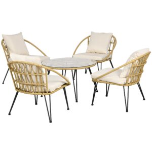 Havemøbelsæt med 5 dele, bohemestil, 1 spisebord og 4 stole, hynder, polyrattan, beige/natur