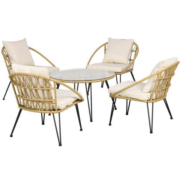 Havemøbelsæt med 5 dele, bohemestil, 1 spisebord og 4 stole, hynder, polyrattan, beige/natur