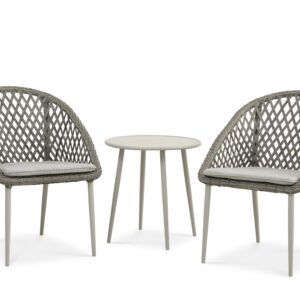 Korsika cafésæt, m. 1 bord, 2 stole, hynder - varm grå rattan og aluminium