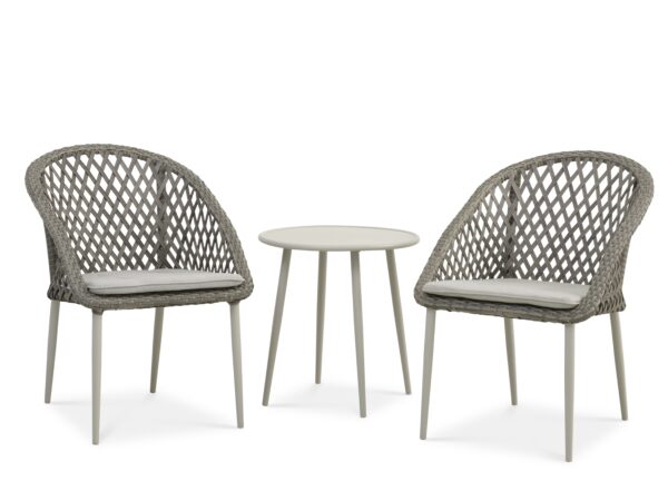 Korsika cafésæt, m. 1 bord, 2 stole, hynder - varm grå rattan og aluminium