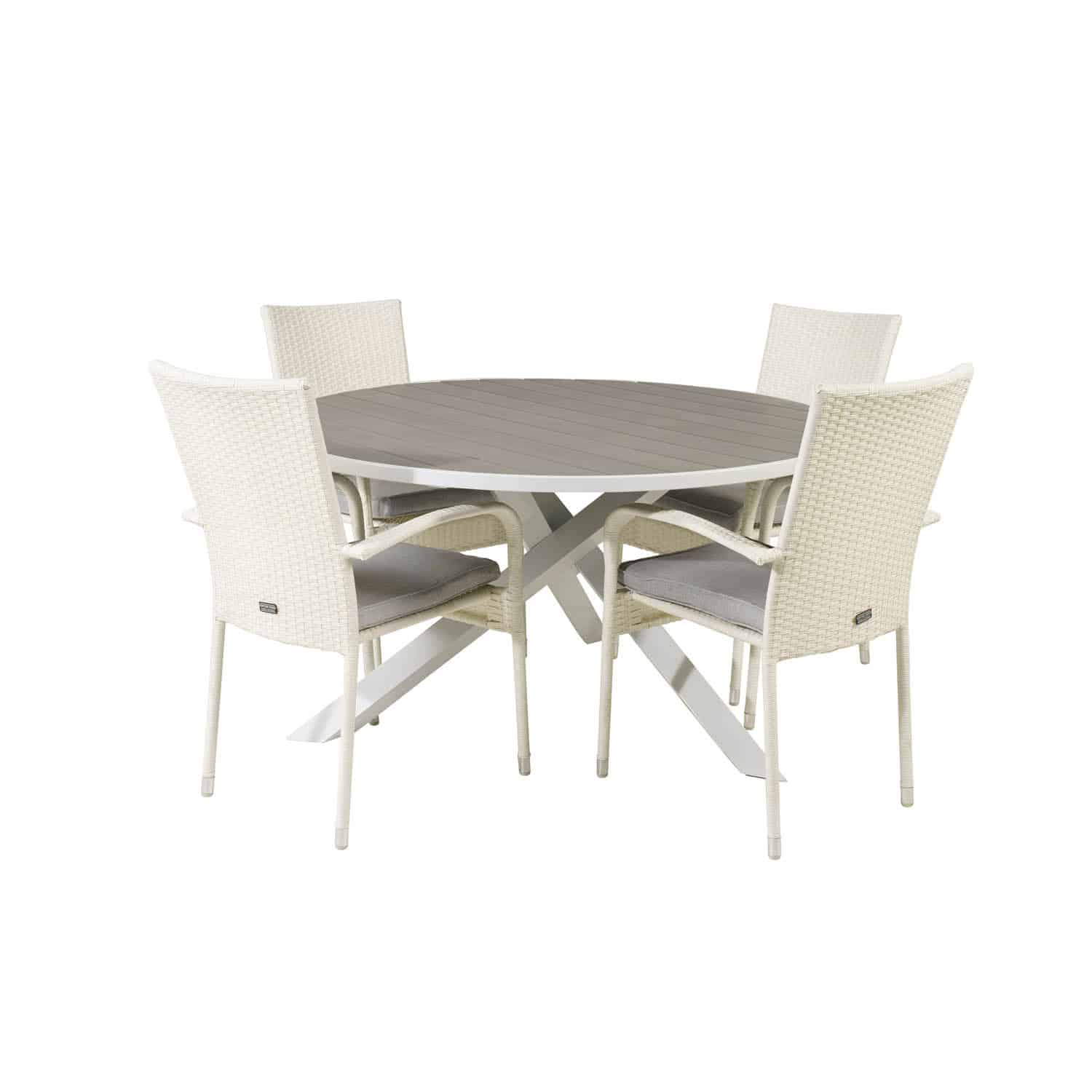 VENTURE DESIGN havesæt m. Parma bord (Ø140) og 4 Anna stole m. armlæn - hvid alu/rattan/grå aintwood