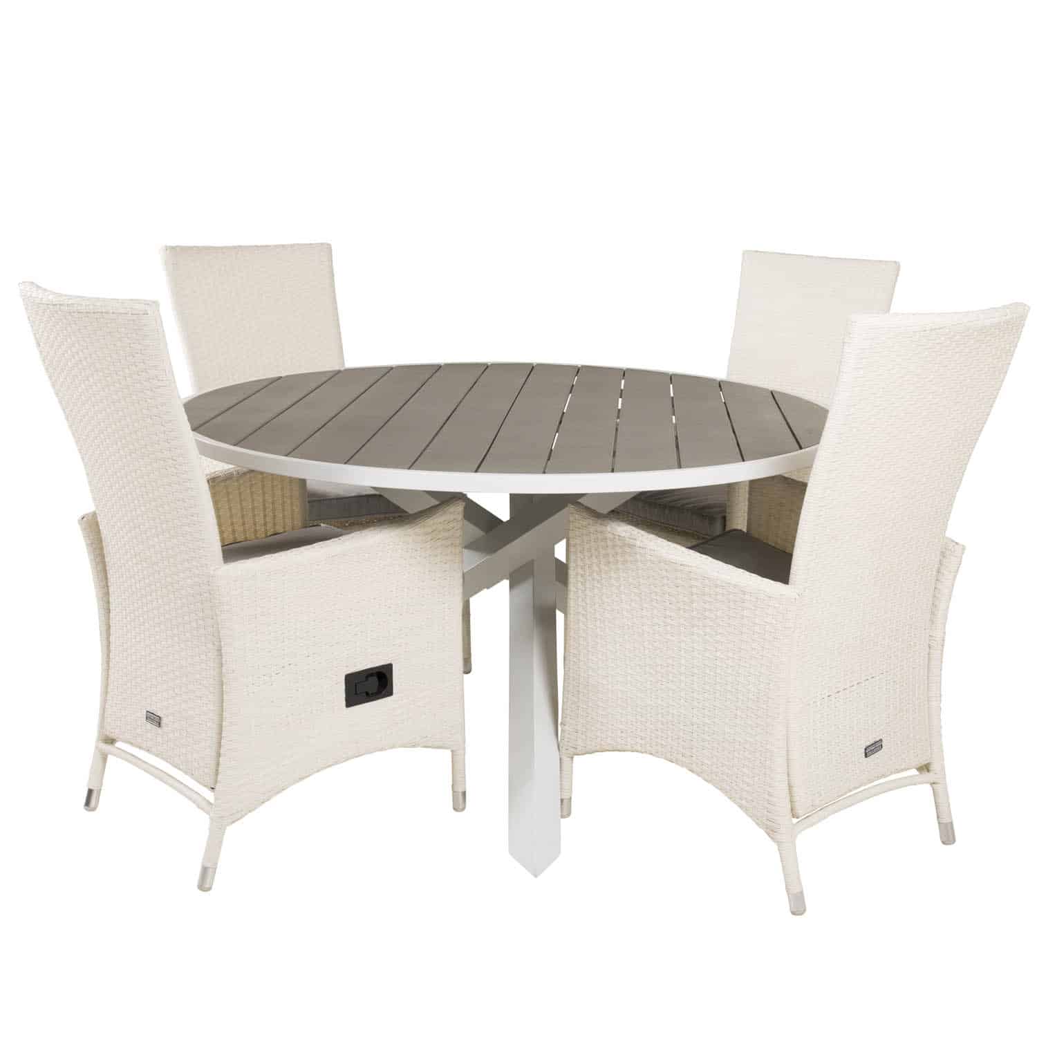 VENTURE DESIGN havesæt m. Parma bord (Ø140) og 4 Padova stole m recliner - hvid rattan/grå aintwood