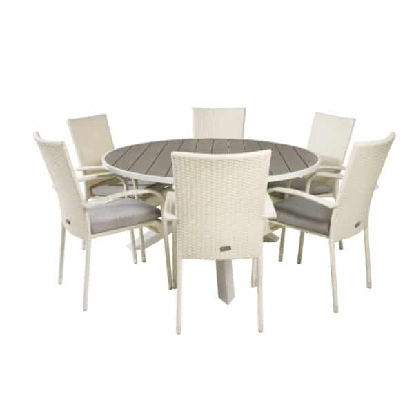 VENTURE DESIGN havesæt m. Parma bord (Ø140) og 6 Anna stole m. armlæn - hvid rattan/alu/grå aintwood