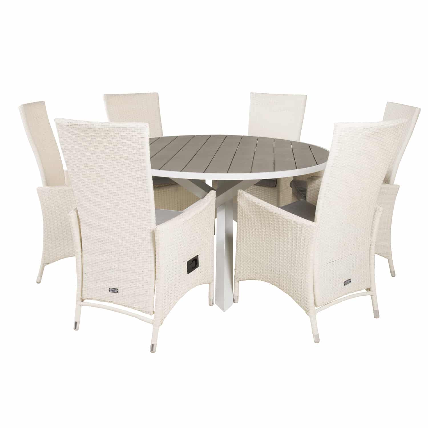 VENTURE DESIGN havesæt m. Parma bord (Ø140) og 6 Padova stole m recliner - hvid rattan/grå aintwood