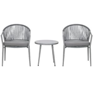 Havemøbelsæt, 2 stole og 1 bord med glasplade, rattan-look, vejrbestandig, metalstel, grå