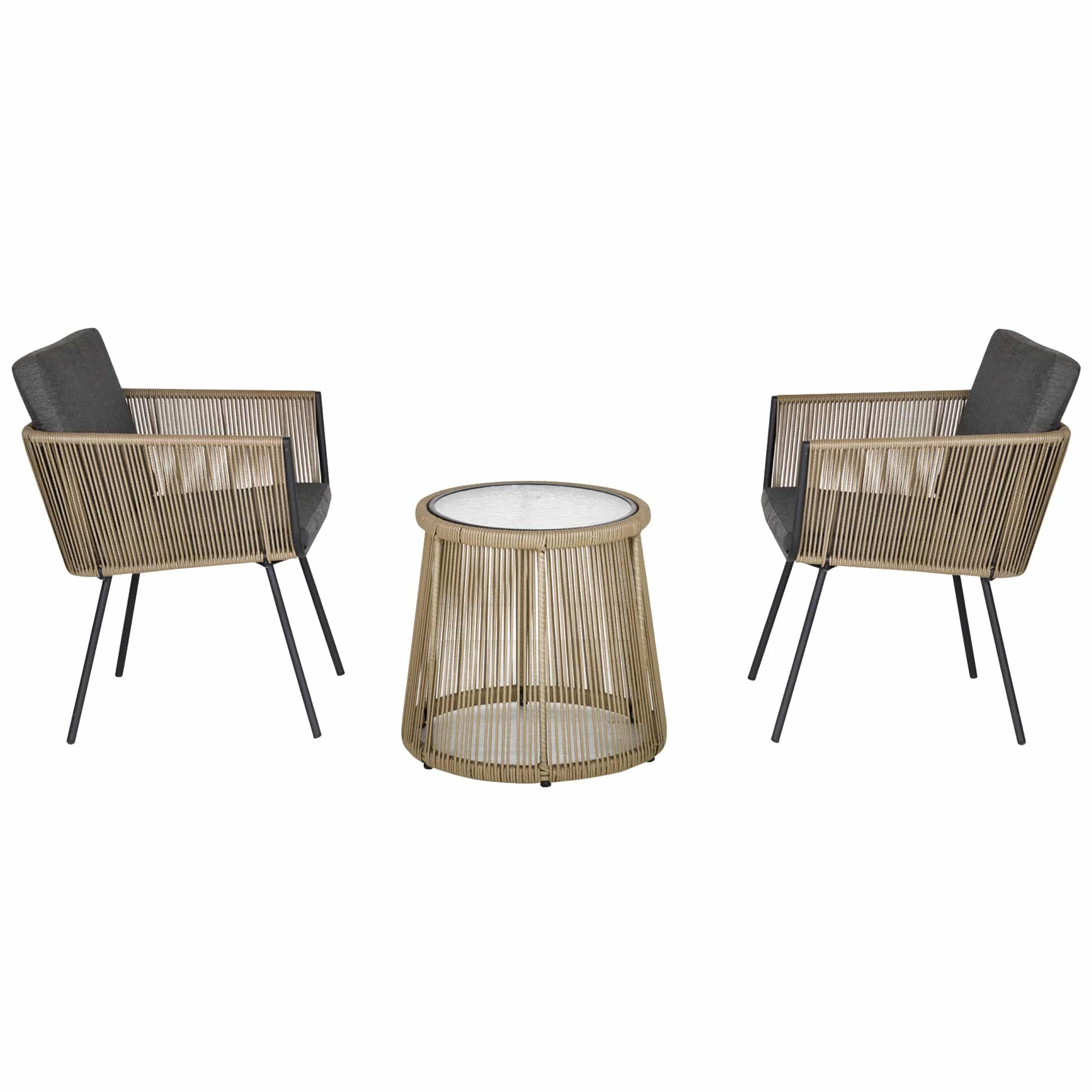 3-delt siddesæt, 2 stole, sidebord, sæde- og ryghynder, bordplade af hærdet glas, syntetisk rattan, grå
