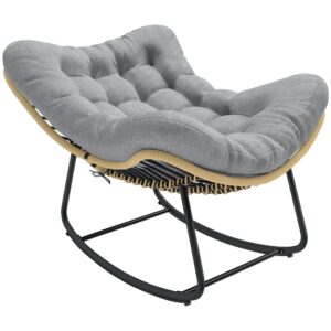 Rattan gyngestol haveliggestol med tyk hynde, havegynge op til 120 kg, indendørs/udendørs, 87 x 110 x 70 cm, grå