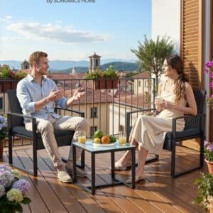 SONGMICS GGF010B01 udendørs loungesæt, m. 1 sidebord, 2 stole, hynder - glas, sort polyrattan og stål (sæt med 3)