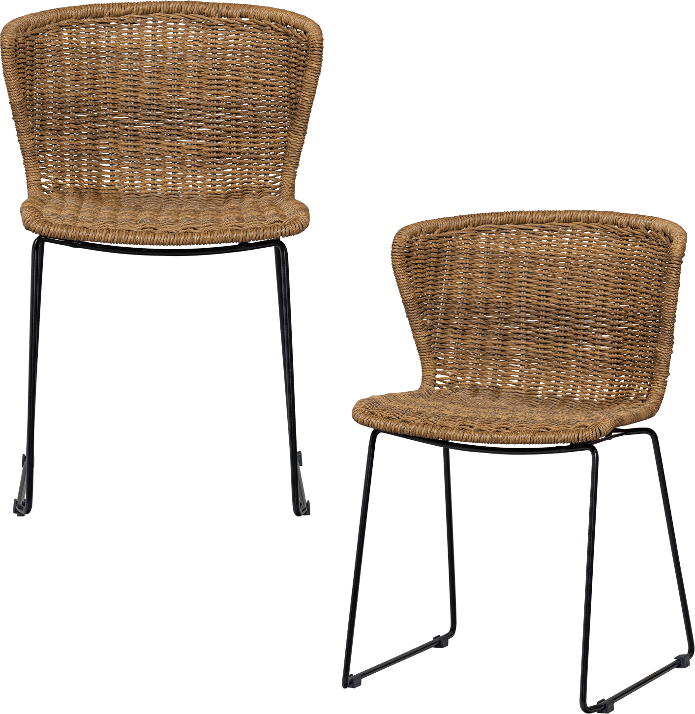 Udendørs spisebordsstole WOOOD Collection - 2 stk havestole, flettet rattanlook, natur, sort stålstel, sædehøjde 46 cm