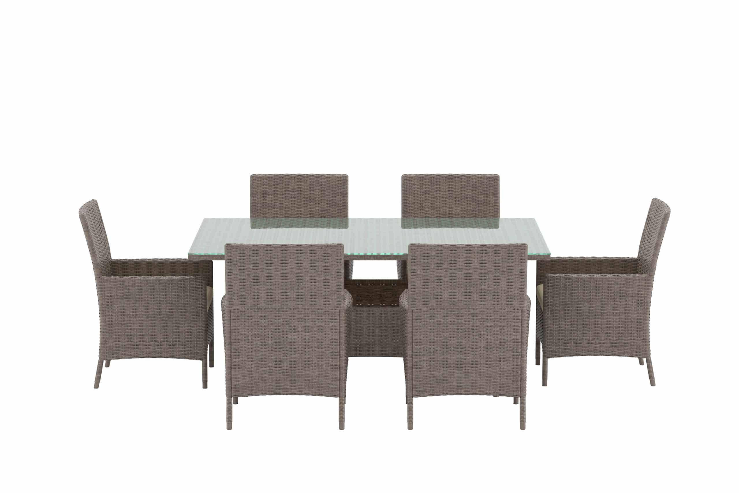 VENTURE HOME Lefkas havesæt, m. 1 rektangulær bord, 6 stole, hynder - glas og brun rattan og stål