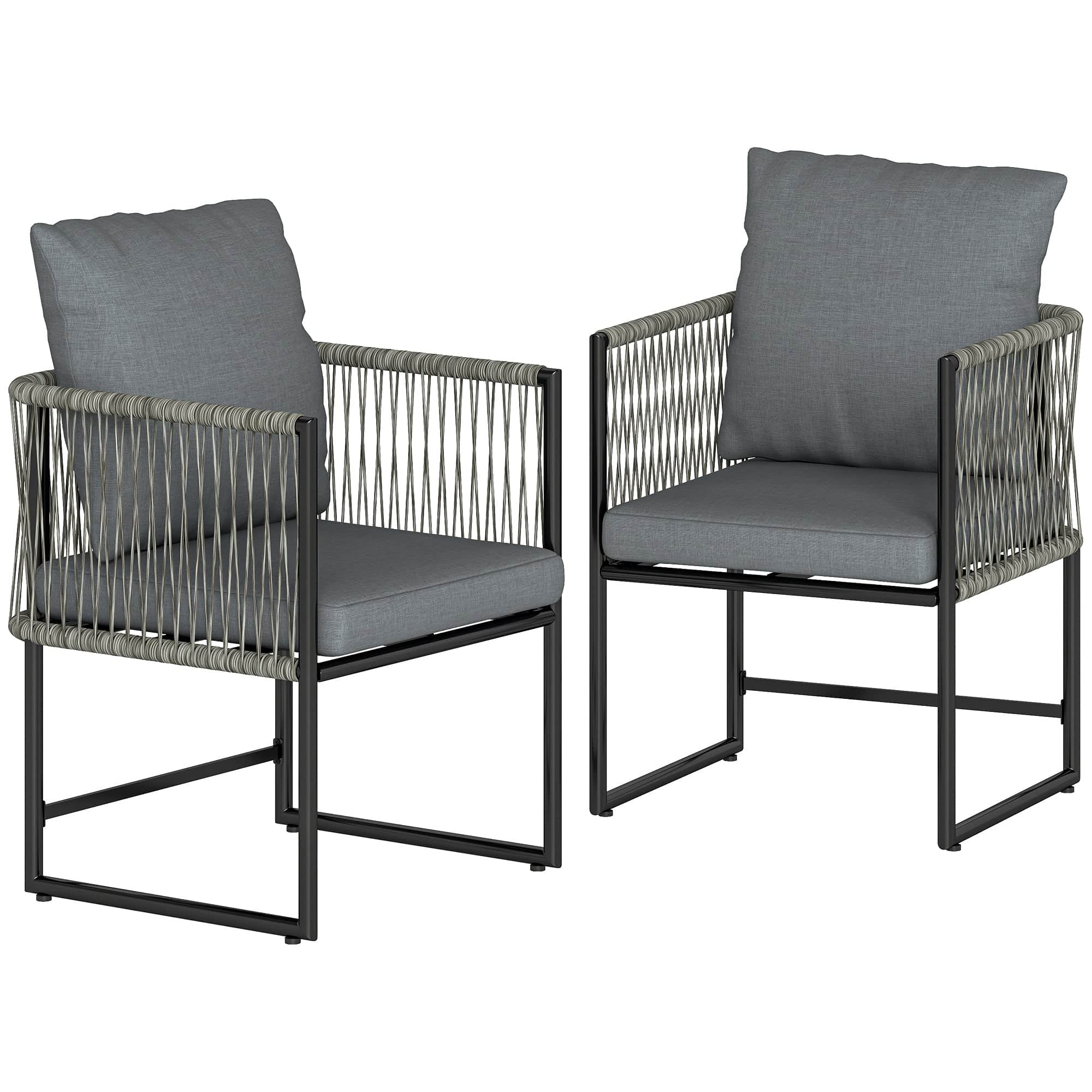 Sæt med 2 vejrbestandige havestole lavet af stål og PE-rattan med hynder, armlæn og ryglæn, 52x52x66 cm, mørkegrå