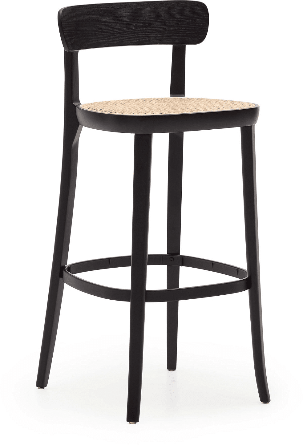 Barstol Kave Home Romane sort bøgetræ håndflettet rattan sæde metalfodstøtte H99xB42xD46