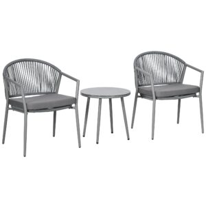 Havemøbelsæt, 2 stole og 1 bord med glasplade, rattan-look, vejrbestandig, metalstel, grå