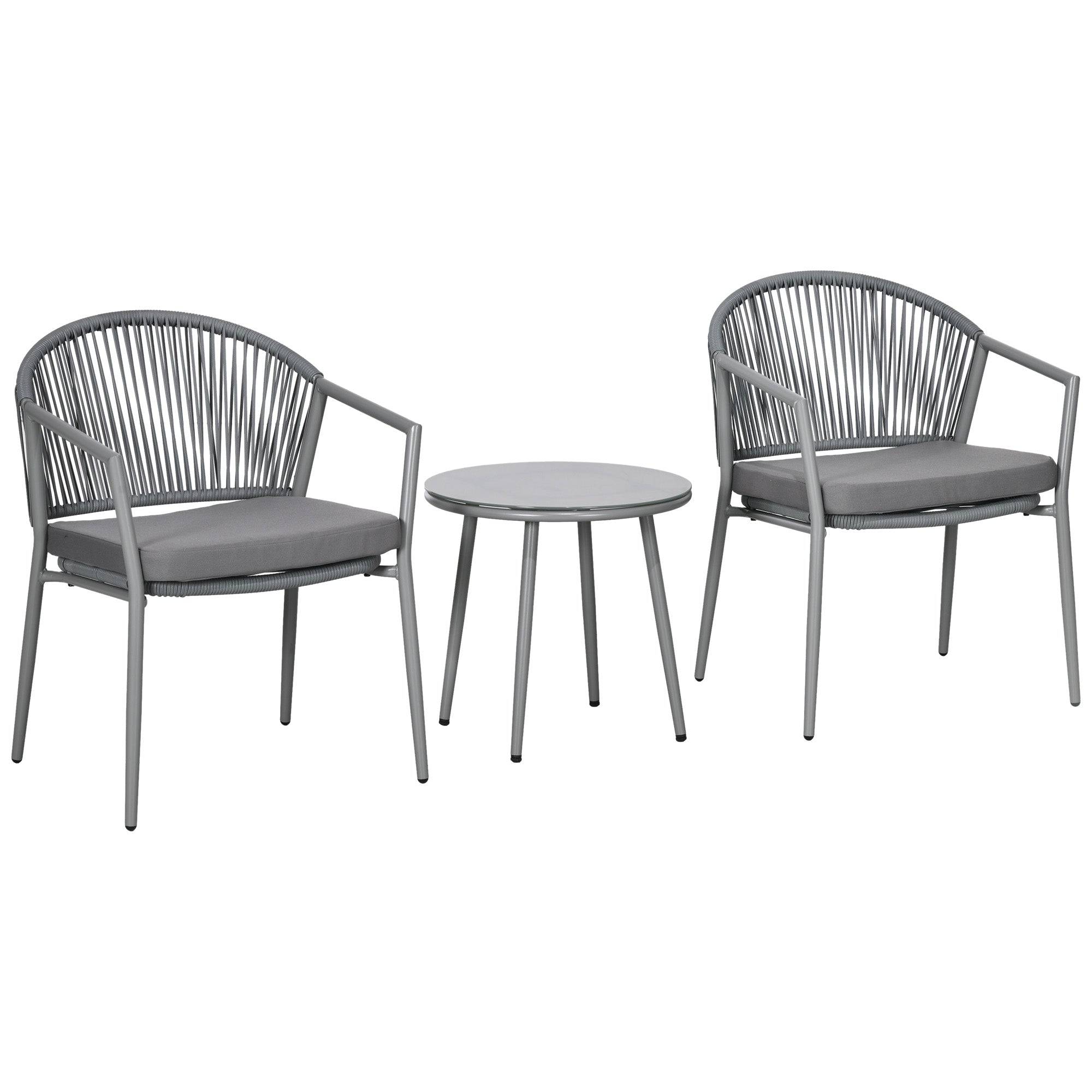 Havemøbelsæt, 2 stole og 1 bord med glasplade, rattan-look, vejrbestandig, metalstel, grå